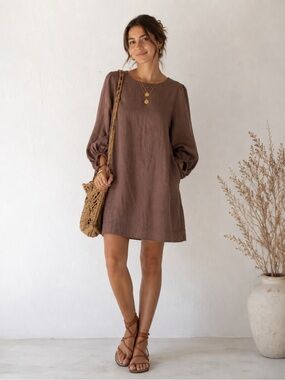 Seed Heritage Chocolate Brown Linen Balloon-Sleeve Mini Dress